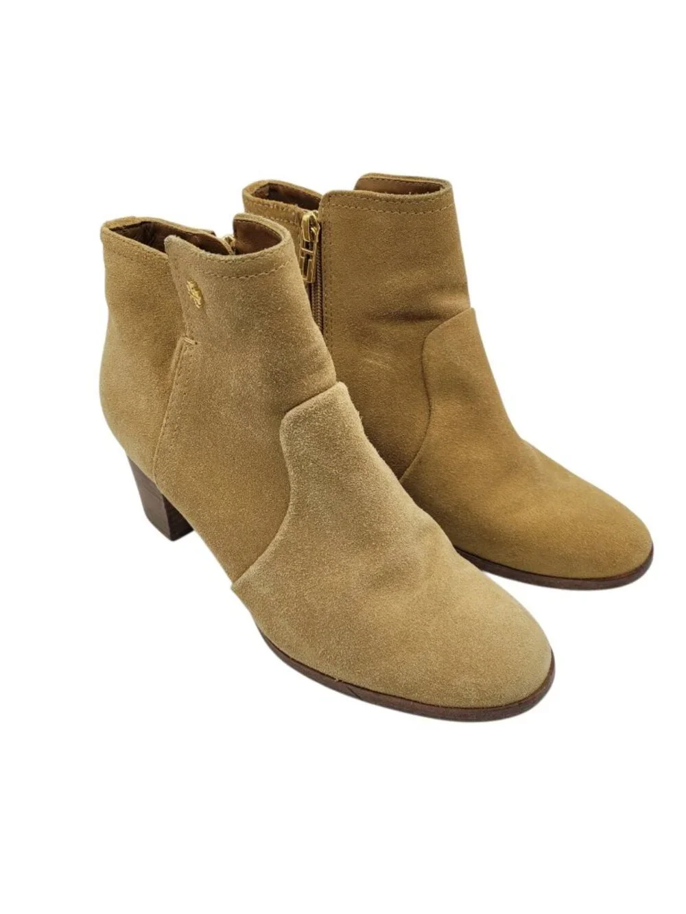 TORY BURCH Sabe Suede Ankle Boots Womens 8 Caramel Tan Round Toe Stacked Heel